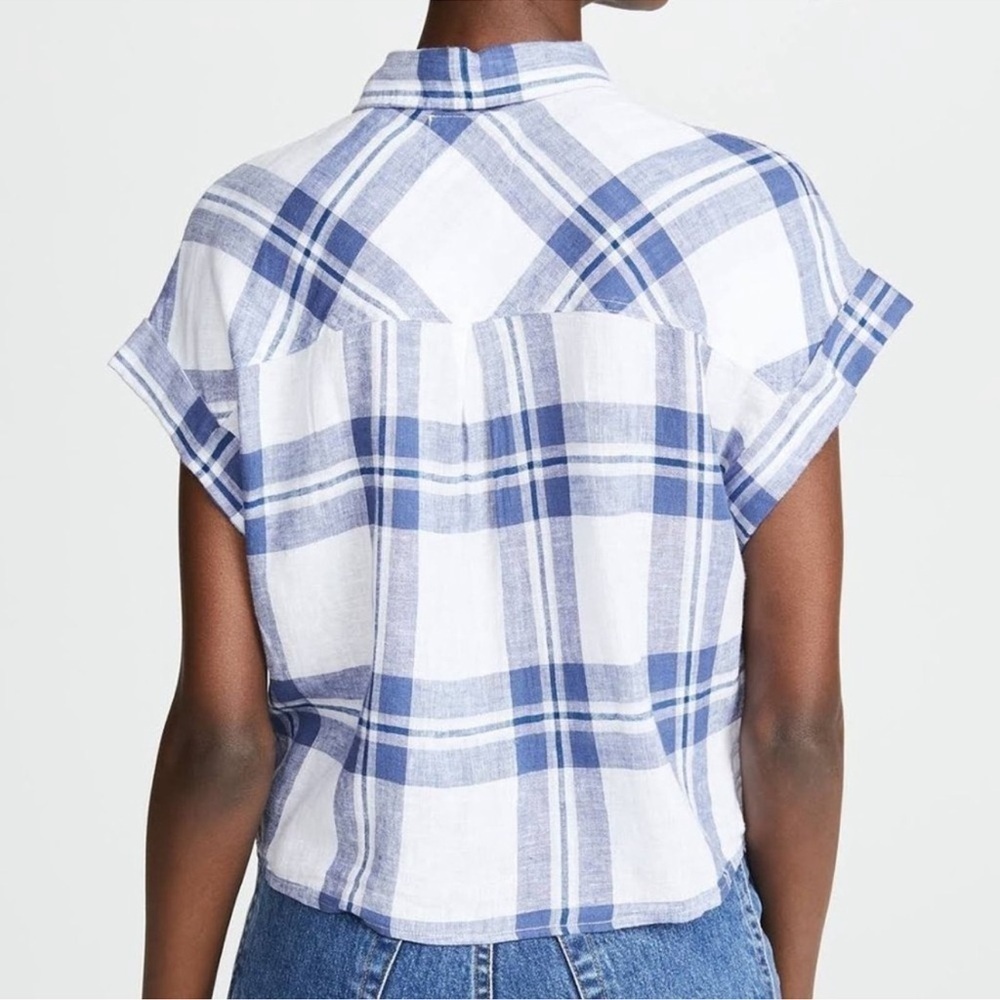 Rails Amelie Front Knit Short Sleeve Shirt Size M Women’s White Blue Plaid Print - Picture 2 of 10